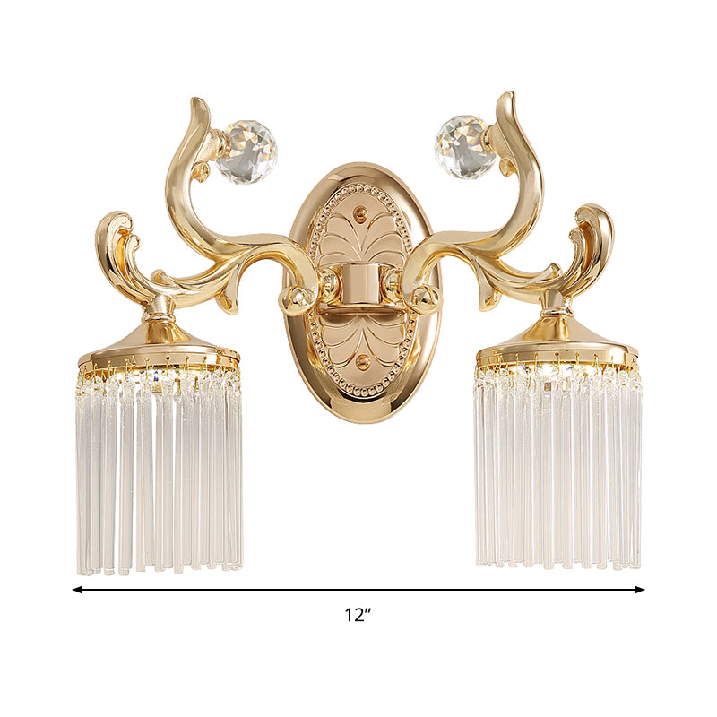 Clear Pipe Crystal Wall Lighting Vintage 1/2 Bulbs Wall Mounted Light Fixture with Curved Arm in Gold Finish Clearhalo 'Modern wall lights' 'Modern' 'Wall Lamps & Sconces' 'Wall Lights' Lighting' 259336