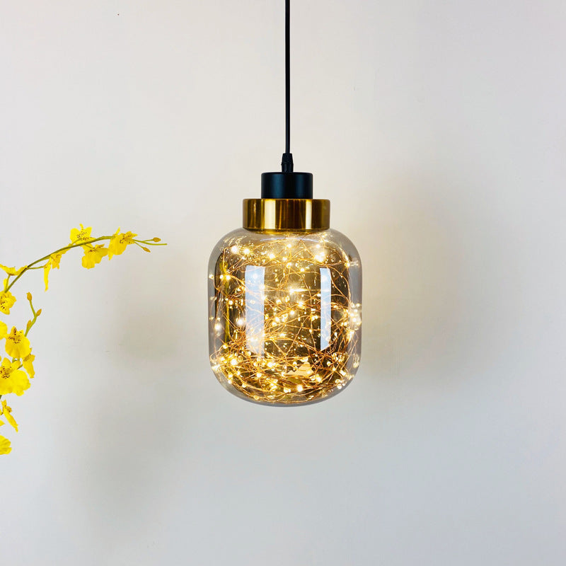 Glass Jar Pendant Light Fixture Modern Brass Finish Ceiling Hang Lamp with LED String Clearhalo 'Ceiling Lights' 'Modern Pendants' 'Modern' 'Pendant Lights' 'Pendants' Lighting' 2593448