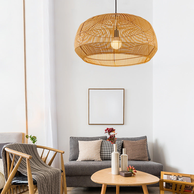 Round Pendant Lighting Fixture Asian Style 1-Bulb Wood Suspension Light for Balcony Clearhalo 'Ceiling Lights' 'Pendant Lights' 'Pendants' Lighting' 2593573