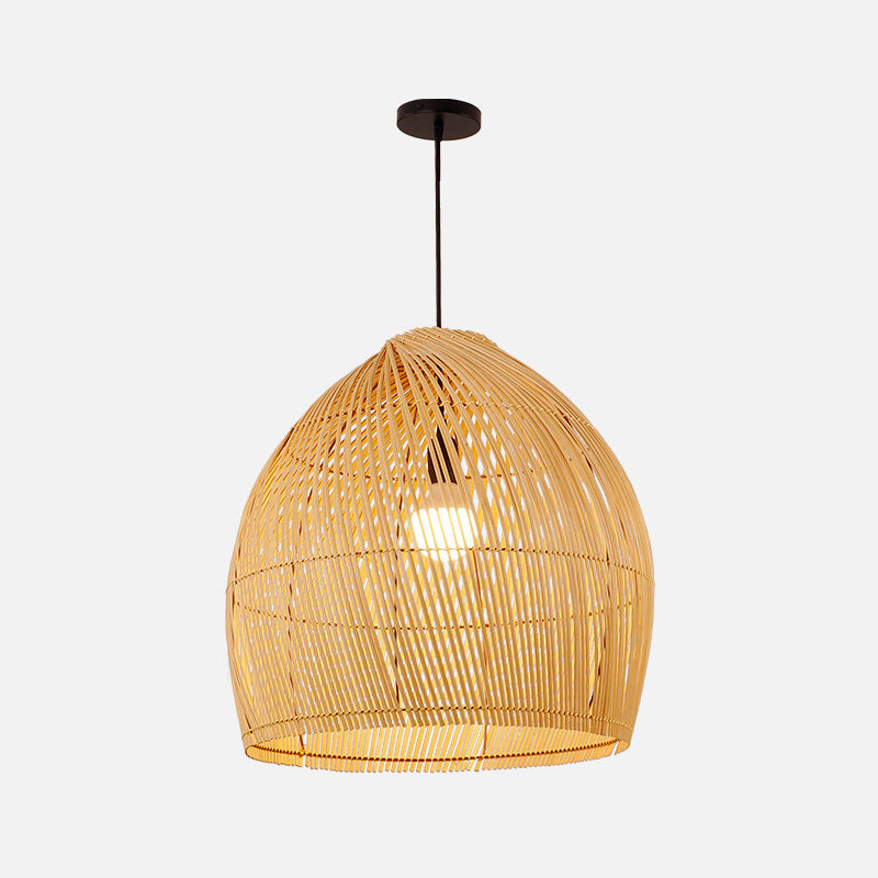 Round Pendant Lighting Fixture Asian Style 1-Bulb Wood Suspension Light for Balcony Wood 18" Clearhalo 'Ceiling Lights' 'Pendant Lights' 'Pendants' Lighting' 2593574