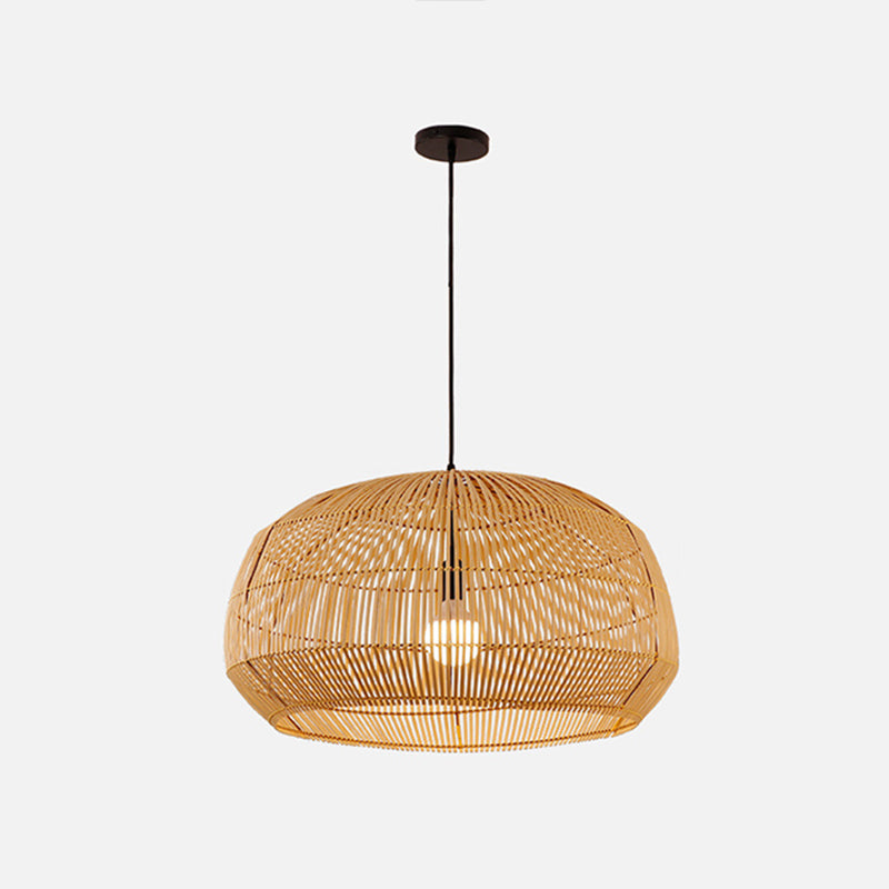 Round Pendant Lighting Fixture Asian Style 1-Bulb Wood Suspension Light for Balcony Wood 14" Clearhalo 'Ceiling Lights' 'Pendant Lights' 'Pendants' Lighting' 2593580