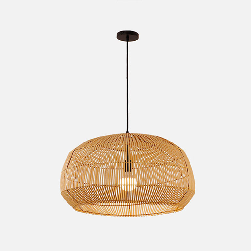 Round Pendant Lighting Fixture Asian Style 1-Bulb Wood Suspension Light for Balcony Wood 16" Clearhalo 'Ceiling Lights' 'Pendant Lights' 'Pendants' Lighting' 2593581