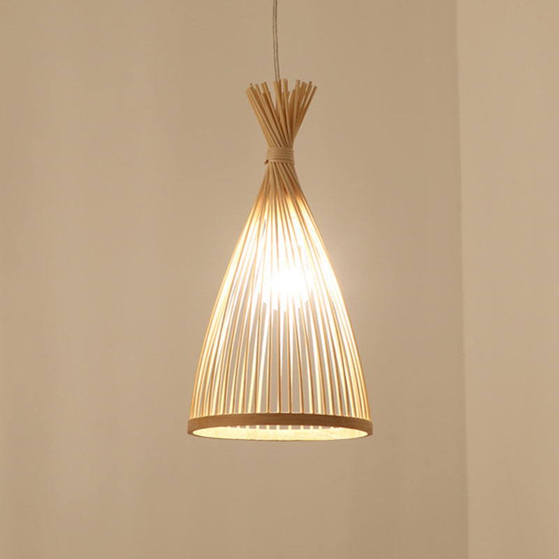 Bamboo Conical Pendant Lamp Japanese Style 1 Head Ceiling Hang Light for Tea Room Wood 15" Clearhalo 'Ceiling Lights' 'Pendant Lights' 'Pendants' Lighting' 2593608