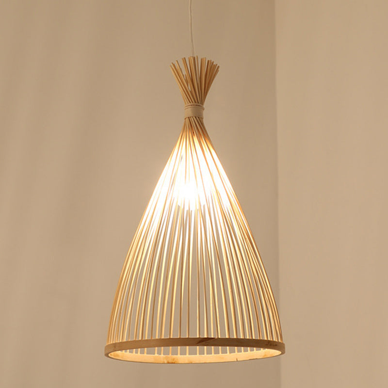 Bamboo Conical Pendant Lamp Japanese Style 1 Head Ceiling Hang Light for Tea Room Wood 19.5" Clearhalo 'Ceiling Lights' 'Pendant Lights' 'Pendants' Lighting' 2593612