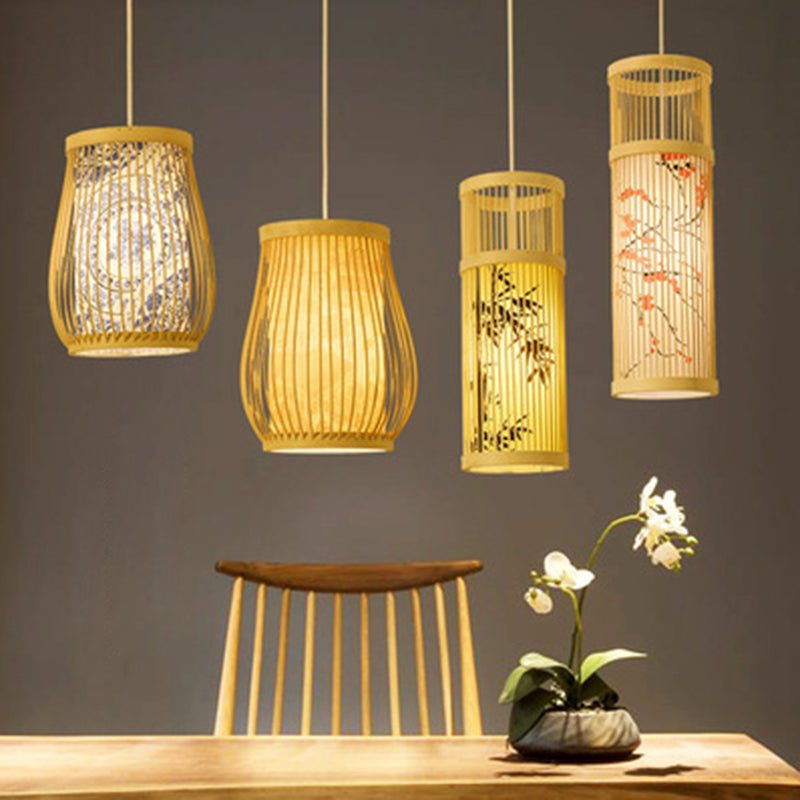 Chinoiserie Woven Hanging Light Fixture Bamboo Single Tea Room Ceiling Light with Print Lampshade Clearhalo 'Ceiling Lights' 'Pendant Lights' 'Pendants' Lighting' 2593614