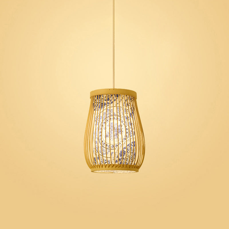 Chinoiserie Woven Hanging Light Fixture Bamboo Single Tea Room Ceiling Light with Print Lampshade Blue 8" Clearhalo 'Ceiling Lights' 'Pendant Lights' 'Pendants' Lighting' 2593615