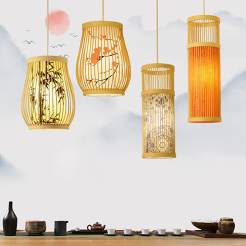 Chinoiserie Woven Hanging Light Fixture Bamboo Single Tea Room Ceiling Light with Print Lampshade Clearhalo 'Ceiling Lights' 'Pendant Lights' 'Pendants' Lighting' 2593616