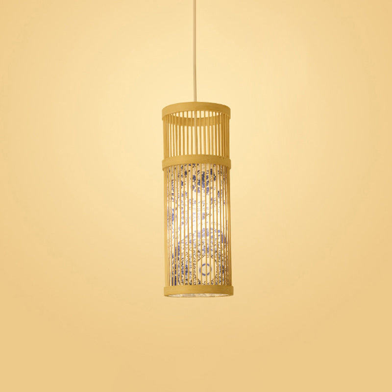 Chinoiserie Woven Hanging Light Fixture Bamboo Single Tea Room Ceiling Light with Print Lampshade Blue 5" Clearhalo 'Ceiling Lights' 'Pendant Lights' 'Pendants' Lighting' 2593618