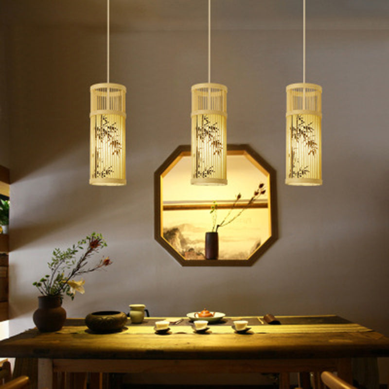 Chinoiserie Woven Hanging Light Fixture Bamboo Single Tea Room Ceiling Light with Print Lampshade Clearhalo 'Ceiling Lights' 'Pendant Lights' 'Pendants' Lighting' 2593619