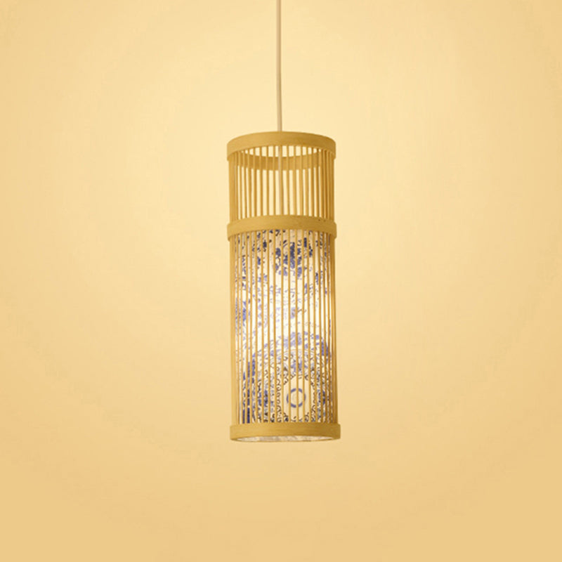 Chinoiserie Woven Hanging Light Fixture Bamboo Single Tea Room Ceiling Light with Print Lampshade Blue 7" Clearhalo 'Ceiling Lights' 'Pendant Lights' 'Pendants' Lighting' 2593621