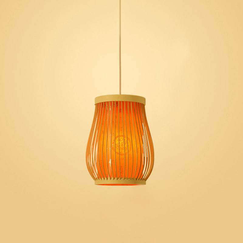 Chinoiserie Woven Hanging Light Fixture Bamboo Single Tea Room Ceiling Light with Print Lampshade Orange 8" Clearhalo 'Ceiling Lights' 'Pendant Lights' 'Pendants' Lighting' 2593622