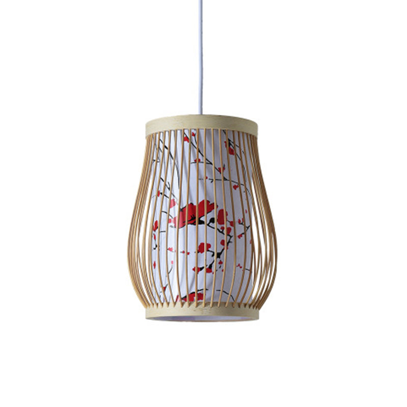 Chinoiserie Woven Hanging Light Fixture Bamboo Single Tea Room Ceiling Light with Print Lampshade Clearhalo 'Ceiling Lights' 'Pendant Lights' 'Pendants' Lighting' 2593623