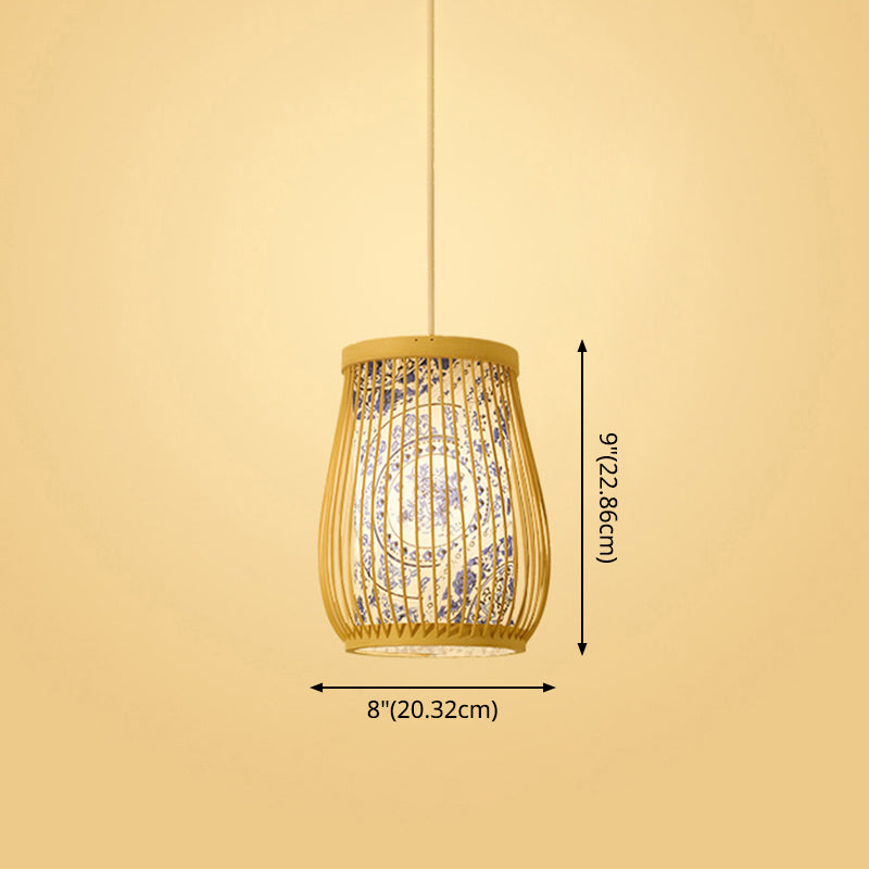 Chinoiserie Woven Hanging Light Fixture Bamboo Single Tea Room Ceiling Light with Print Lampshade Clearhalo 'Ceiling Lights' 'Pendant Lights' 'Pendants' Lighting' 2593624