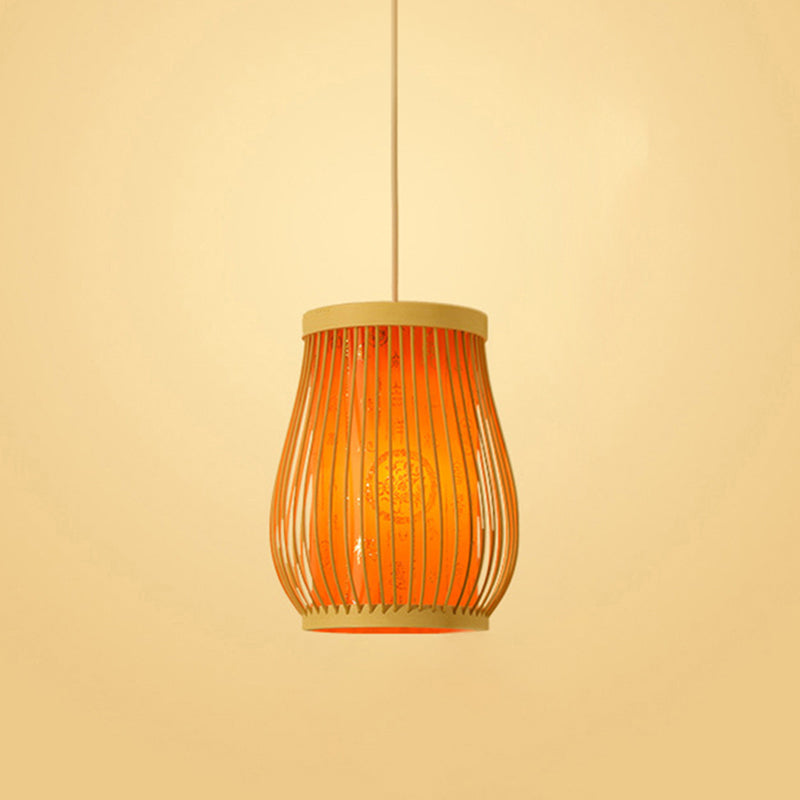 Chinoiserie Woven Hanging Light Fixture Bamboo Single Tea Room Ceiling Light with Print Lampshade Orange 10" Clearhalo 'Ceiling Lights' 'Pendant Lights' 'Pendants' Lighting' 2593625