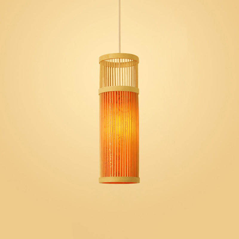 Chinoiserie Woven Hanging Light Fixture Bamboo Single Tea Room Ceiling Light with Print Lampshade Orange 5" Clearhalo 'Ceiling Lights' 'Pendant Lights' 'Pendants' Lighting' 2593626