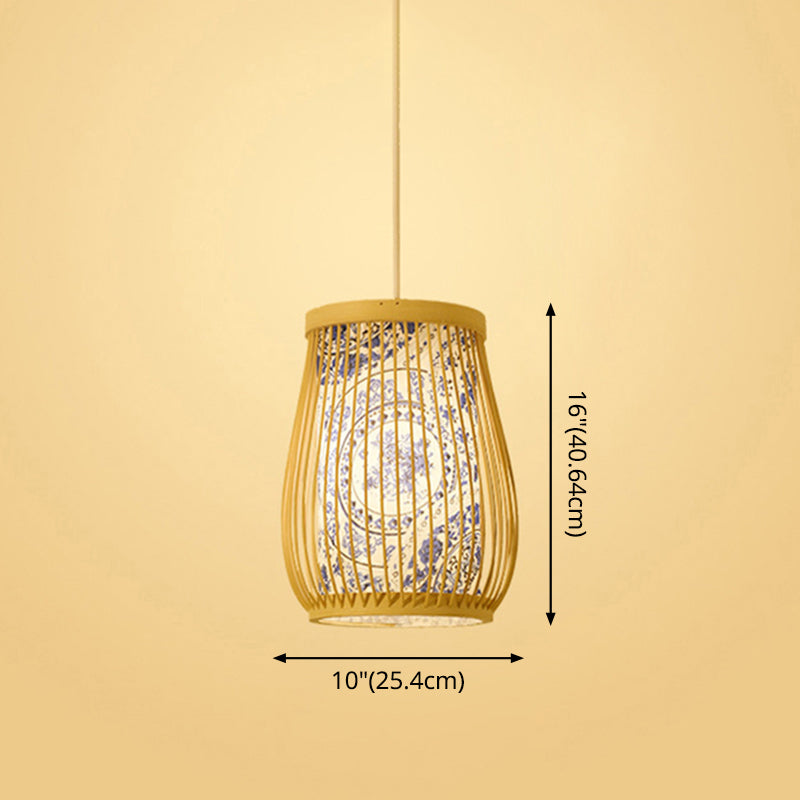 Chinoiserie Woven Hanging Light Fixture Bamboo Single Tea Room Ceiling Light with Print Lampshade Clearhalo 'Ceiling Lights' 'Pendant Lights' 'Pendants' Lighting' 2593627