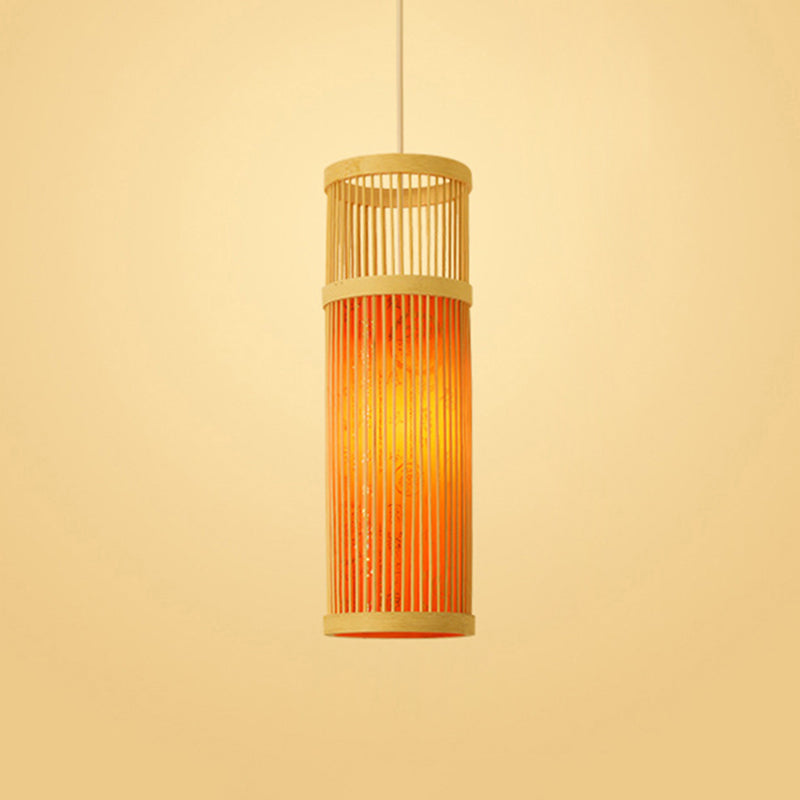 Chinoiserie Woven Hanging Light Fixture Bamboo Single Tea Room Ceiling Light with Print Lampshade Orange 7" Clearhalo 'Ceiling Lights' 'Pendant Lights' 'Pendants' Lighting' 2593629