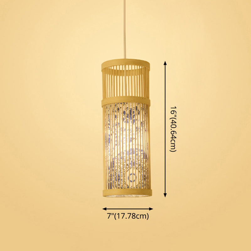 Chinoiserie Woven Hanging Light Fixture Bamboo Single Tea Room Ceiling Light with Print Lampshade Clearhalo 'Ceiling Lights' 'Pendant Lights' 'Pendants' Lighting' 2593630