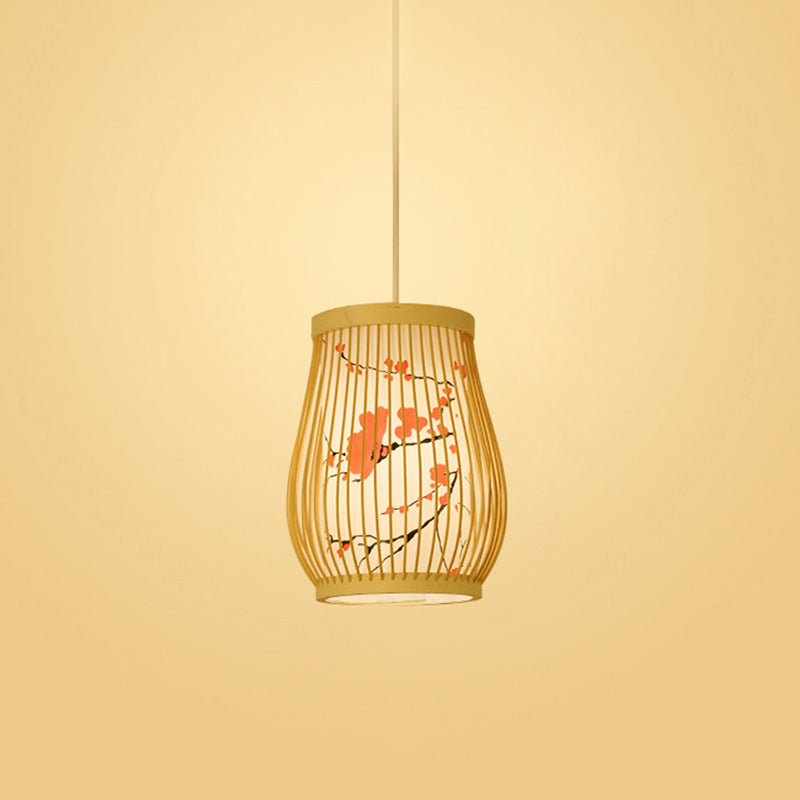 Chinoiserie Woven Hanging Light Fixture Bamboo Single Tea Room Ceiling Light with Print Lampshade Red 8" Clearhalo 'Ceiling Lights' 'Pendant Lights' 'Pendants' Lighting' 2593631