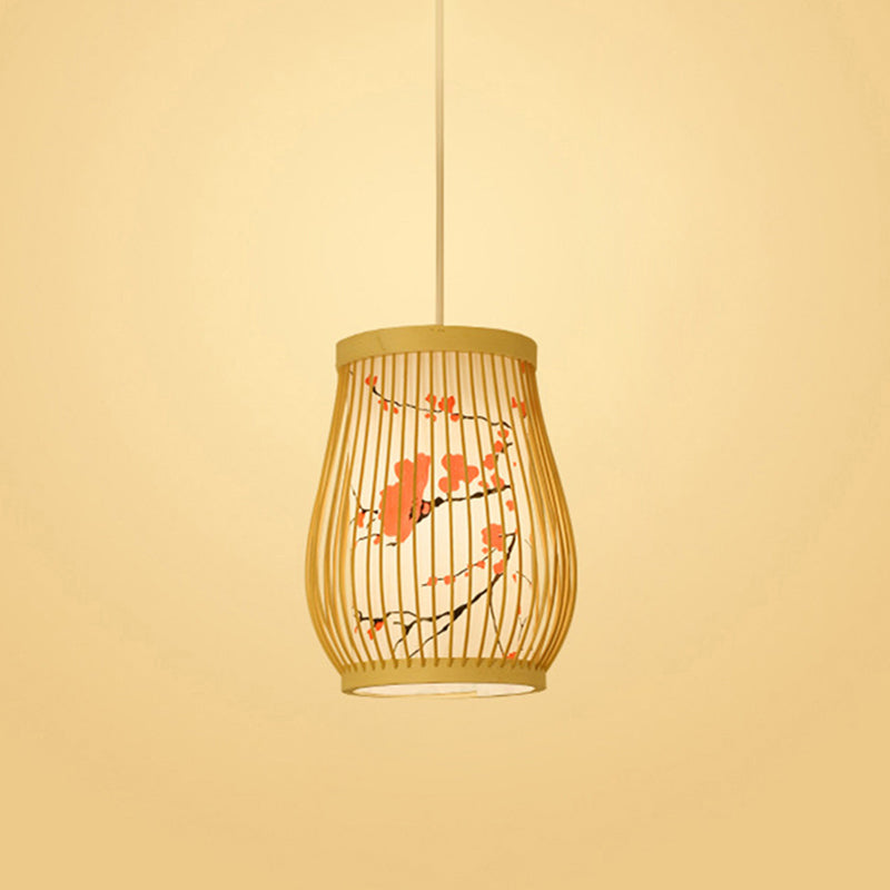 Chinoiserie Woven Hanging Light Fixture Bamboo Single Tea Room Ceiling Light with Print Lampshade Red 10" Clearhalo 'Ceiling Lights' 'Pendant Lights' 'Pendants' Lighting' 2593632