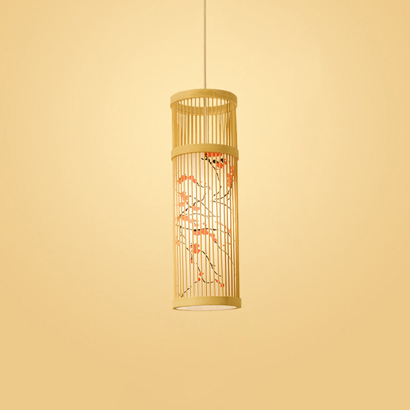 Chinoiserie Woven Hanging Light Fixture Bamboo Single Tea Room Ceiling Light with Print Lampshade Red 5" Clearhalo 'Ceiling Lights' 'Pendant Lights' 'Pendants' Lighting' 2593634