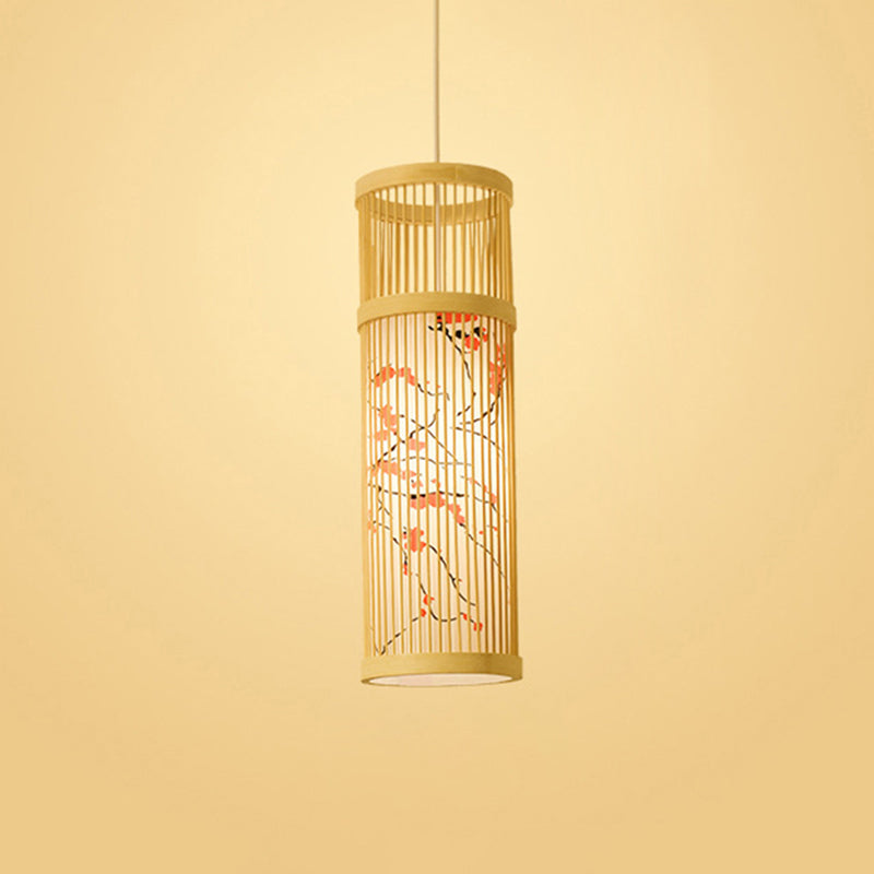 Chinoiserie Woven Hanging Light Fixture Bamboo Single Tea Room Ceiling Light with Print Lampshade Red 7" Clearhalo 'Ceiling Lights' 'Pendant Lights' 'Pendants' Lighting' 2593636