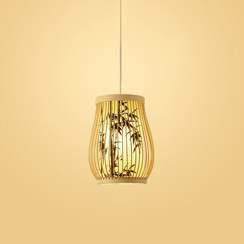 Chinoiserie Woven Hanging Light Fixture Bamboo Single Tea Room Ceiling Light with Print Lampshade Black 8" Clearhalo 'Ceiling Lights' 'Pendant Lights' 'Pendants' Lighting' 2593638