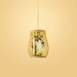 Chinoiserie Woven Hanging Light Fixture Bamboo Single Tea Room Ceiling Light with Print Lampshade Black 8" Clearhalo 'Ceiling Lights' 'Pendant Lights' 'Pendants' Lighting' 2593638