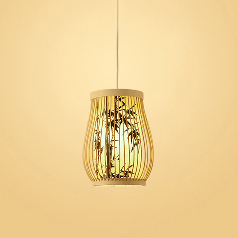 Chinoiserie Woven Hanging Light Fixture Bamboo Single Tea Room Ceiling Light with Print Lampshade Black 10" Clearhalo 'Ceiling Lights' 'Pendant Lights' 'Pendants' Lighting' 2593640