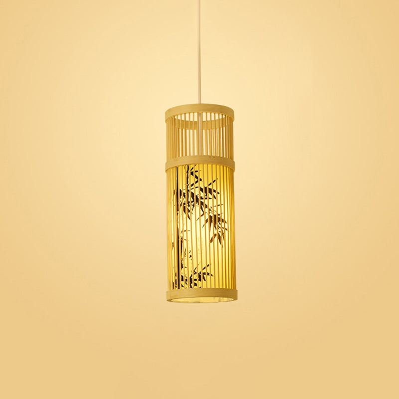 Chinoiserie Woven Hanging Light Fixture Bamboo Single Tea Room Ceiling Light with Print Lampshade Black 5" Clearhalo 'Ceiling Lights' 'Pendant Lights' 'Pendants' Lighting' 2593642