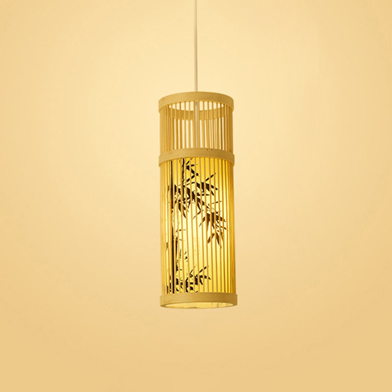 Chinoiserie Woven Hanging Light Fixture Bamboo Single Tea Room Ceiling Light with Print Lampshade Black 7" Clearhalo 'Ceiling Lights' 'Pendant Lights' 'Pendants' Lighting' 2593644