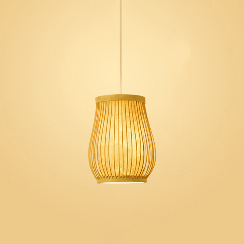 Chinoiserie Woven Hanging Light Fixture Bamboo Single Tea Room Ceiling Light with Print Lampshade Beige 8" Clearhalo 'Ceiling Lights' 'Pendant Lights' 'Pendants' Lighting' 2593646