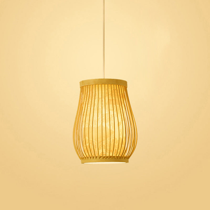 Chinoiserie Woven Hanging Light Fixture Bamboo Single Tea Room Ceiling Light with Print Lampshade Beige 7" Clearhalo 'Ceiling Lights' 'Pendant Lights' 'Pendants' Lighting' 2593648