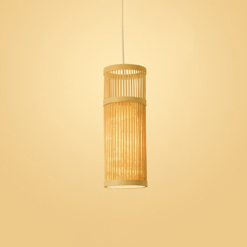 Chinoiserie Woven Hanging Light Fixture Bamboo Single Tea Room Ceiling Light with Print Lampshade Beige 5" Clearhalo 'Ceiling Lights' 'Pendant Lights' 'Pendants' Lighting' 2593650