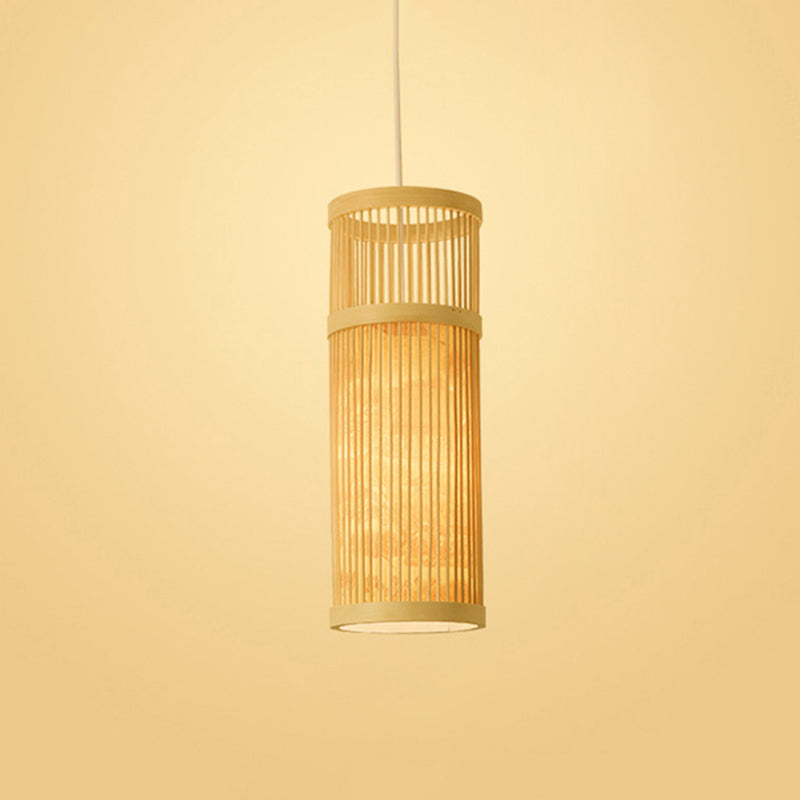 Chinoiserie Woven Hanging Light Fixture Bamboo Single Tea Room Ceiling Light with Print Lampshade Beige 10" Clearhalo 'Ceiling Lights' 'Pendant Lights' 'Pendants' Lighting' 2593652