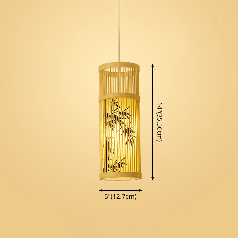 Chinoiserie Woven Hanging Light Fixture Bamboo Single Tea Room Ceiling Light with Print Lampshade Clearhalo 'Ceiling Lights' 'Pendant Lights' 'Pendants' Lighting' 2593653