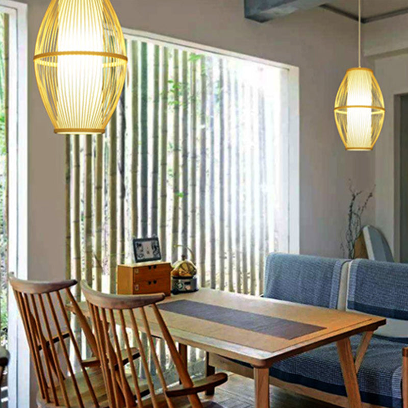 Simplicity Oval Pendant Ceiling Light Bamboo 1 Bulb Restaurant Hanging Light in Wood Clearhalo 'Ceiling Lights' 'Pendant Lights' 'Pendants' Lighting' 2593674