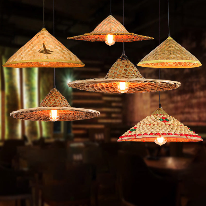 Asian Inspired Farmers Hat Pendant Bamboo Woven 1 Head Diner Ceiling Lamp in Wood Clearhalo 'Ceiling Lights' 'Pendant Lights' 'Pendants' Lighting' 2593678