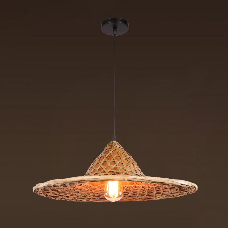 Asian Inspired Farmers Hat Pendant Bamboo Woven 1 Head Diner Ceiling Lamp in Wood Wood A Clearhalo 'Ceiling Lights' 'Pendant Lights' 'Pendants' Lighting' 2593679