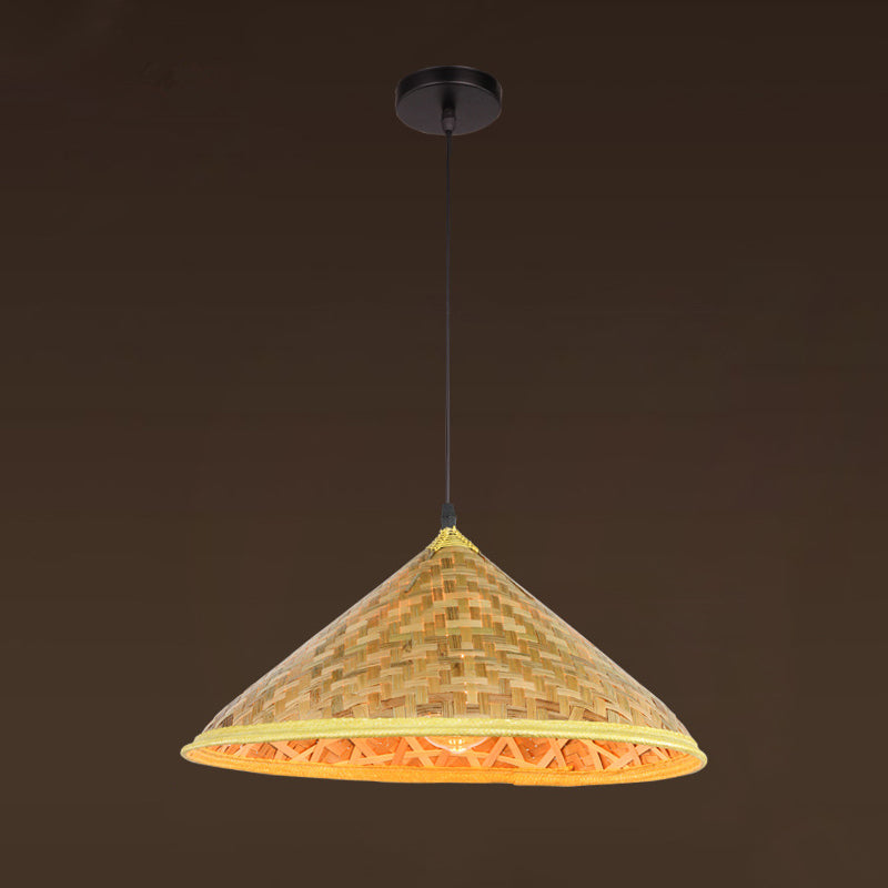 Asian Inspired Farmers Hat Pendant Bamboo Woven 1 Head Diner Ceiling Lamp in Wood Wood B Clearhalo 'Ceiling Lights' 'Pendant Lights' 'Pendants' Lighting' 2593680