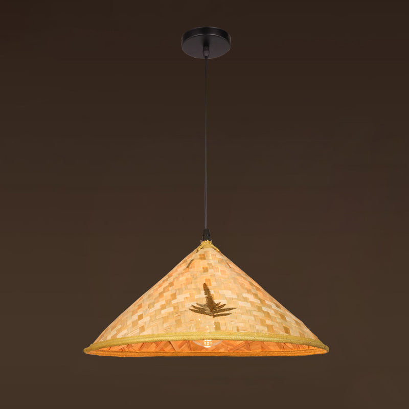 Asian Inspired Farmers Hat Pendant Bamboo Woven 1 Head Diner Ceiling Lamp in Wood Wood C Clearhalo 'Ceiling Lights' 'Pendant Lights' 'Pendants' Lighting' 2593683