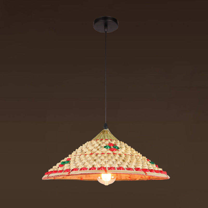 Asian Inspired Farmers Hat Pendant Bamboo Woven 1 Head Diner Ceiling Lamp in Wood Wood D Clearhalo 'Ceiling Lights' 'Pendant Lights' 'Pendants' Lighting' 2593684