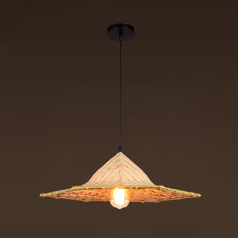 Asian Inspired Farmers Hat Pendant Bamboo Woven 1 Head Diner Ceiling Lamp in Wood Wood E Clearhalo 'Ceiling Lights' 'Pendant Lights' 'Pendants' Lighting' 2593686