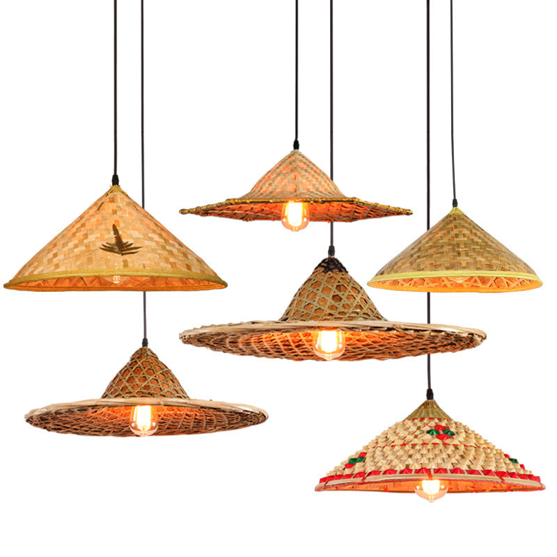 Asian Inspired Farmers Hat Pendant Bamboo Woven 1 Head Diner Ceiling Lamp in Wood Clearhalo 'Ceiling Lights' 'Pendant Lights' 'Pendants' Lighting' 2593687