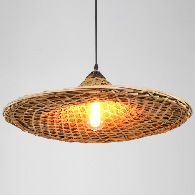 Asian Inspired Farmers Hat Pendant Bamboo Woven 1 Head Diner Ceiling Lamp in Wood Clearhalo 'Ceiling Lights' 'Pendant Lights' 'Pendants' Lighting' 2593688