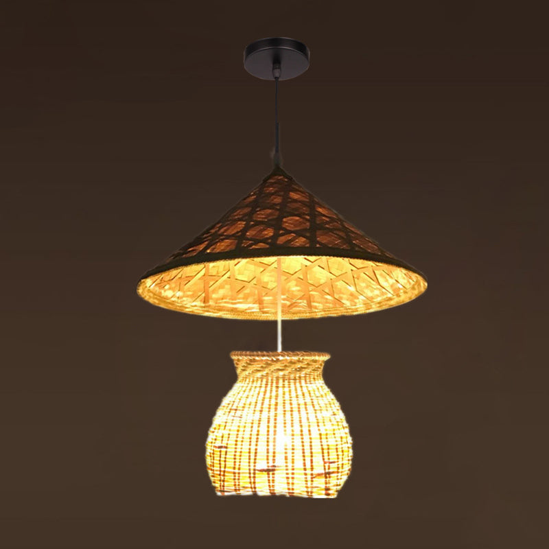 Asian Inspired Farmers Hat Pendant Bamboo Woven 1 Head Diner Ceiling Lamp in Wood Wood G Clearhalo 'Ceiling Lights' 'Pendant Lights' 'Pendants' Lighting' 2593690