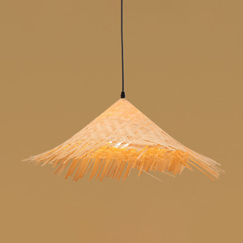 Asian Inspired Farmers Hat Pendant Bamboo Woven 1 Head Diner Ceiling Lamp in Wood Wood H Clearhalo 'Ceiling Lights' 'Pendant Lights' 'Pendants' Lighting' 2593692