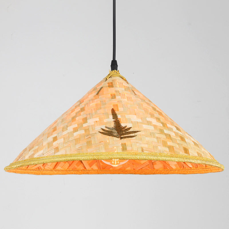 Asian Inspired Farmers Hat Pendant Bamboo Woven 1 Head Diner Ceiling Lamp in Wood Clearhalo 'Ceiling Lights' 'Pendant Lights' 'Pendants' Lighting' 2593693