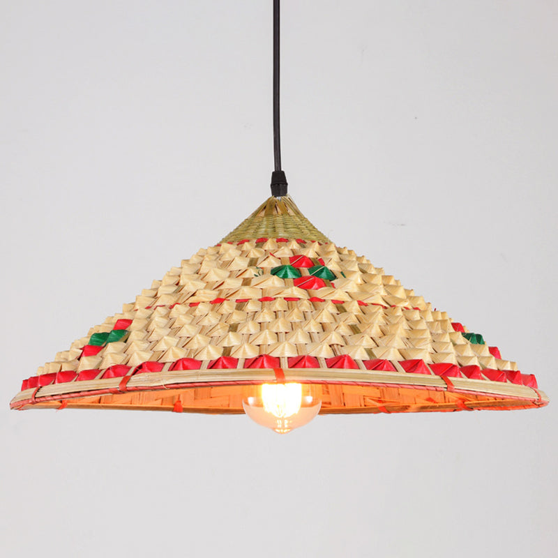 Asian Inspired Farmers Hat Pendant Bamboo Woven 1 Head Diner Ceiling Lamp in Wood Clearhalo 'Ceiling Lights' 'Pendant Lights' 'Pendants' Lighting' 2593694