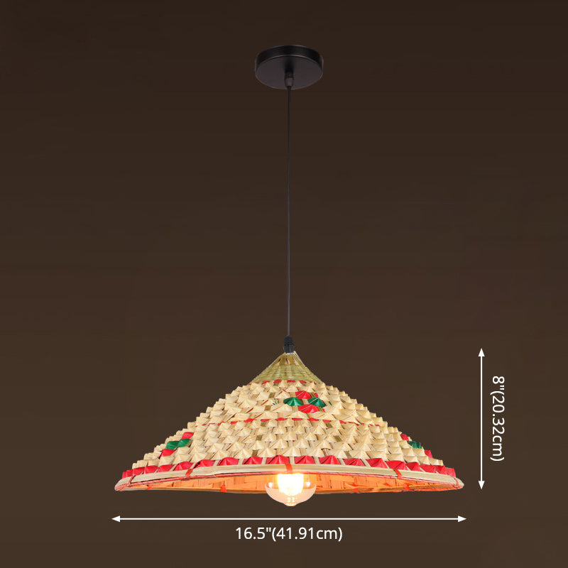 Asian Inspired Farmers Hat Pendant Bamboo Woven 1 Head Diner Ceiling Lamp in Wood Clearhalo 'Ceiling Lights' 'Pendant Lights' 'Pendants' Lighting' 2593696